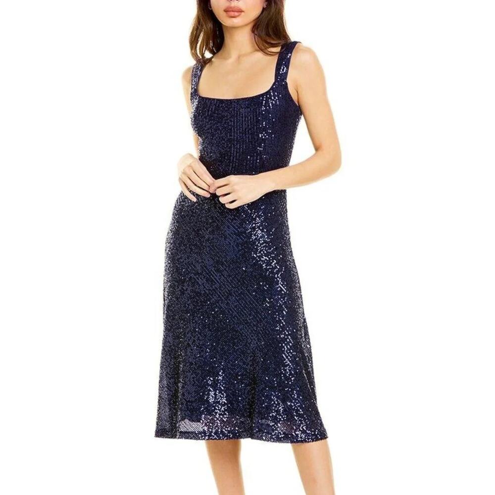 Laundry by Shelli Segal Navy Blue Sequin Square Neckline Midi Dress Size 14 NWT✨